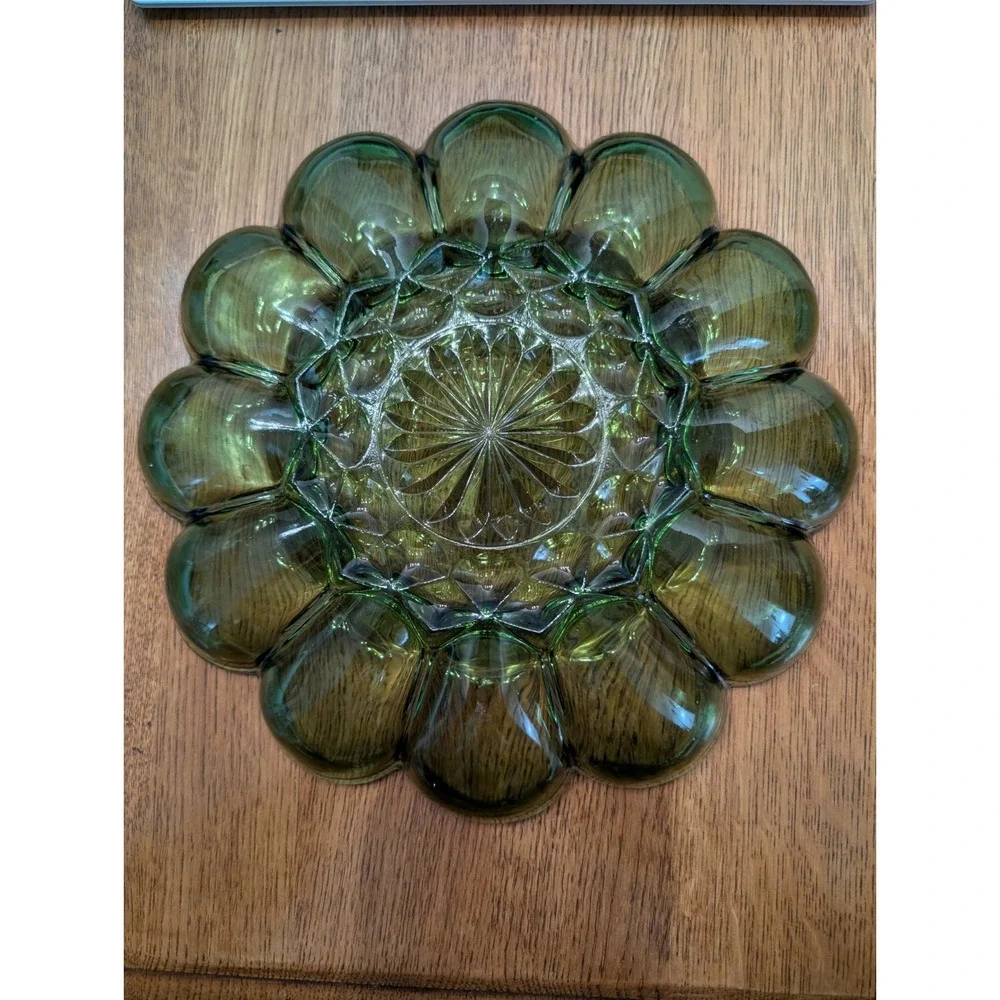 Vintage 1970's  Anchor Hocking Fairfield Avocado Green Glass Deviled Egg Plate